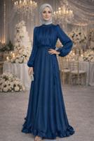 Vêtements hijab BLEU MARINE ROBE DE SOIRÉE EN SATIN CEINTURÉE T 8726