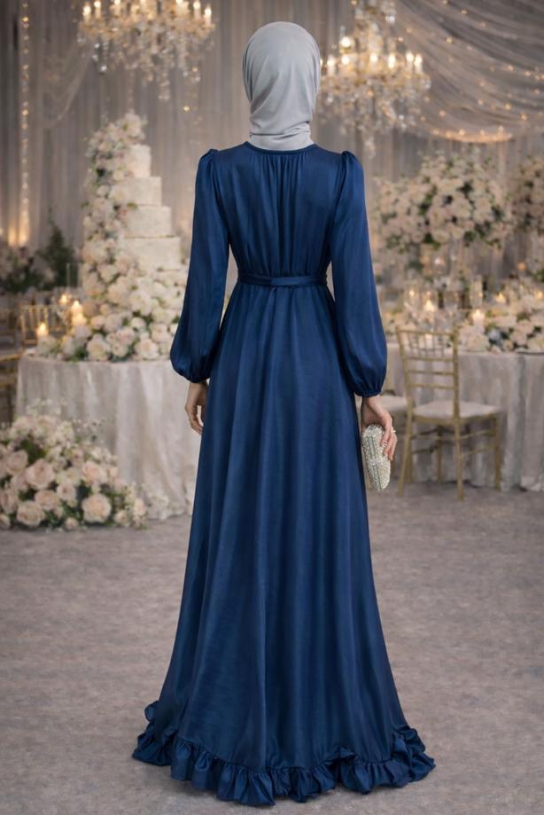 Vêtements hijab BLEU MARINE ROBE DE SOIRÉE EN SATIN CEINTURÉE T 8726 - TRENDTESETTÜR