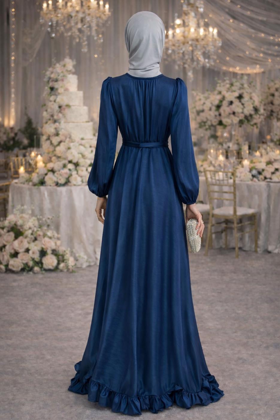 Vêtements hijab BLEU MARINE ROBE DE SOIRÉE EN SATIN CEINTURÉE T 8726