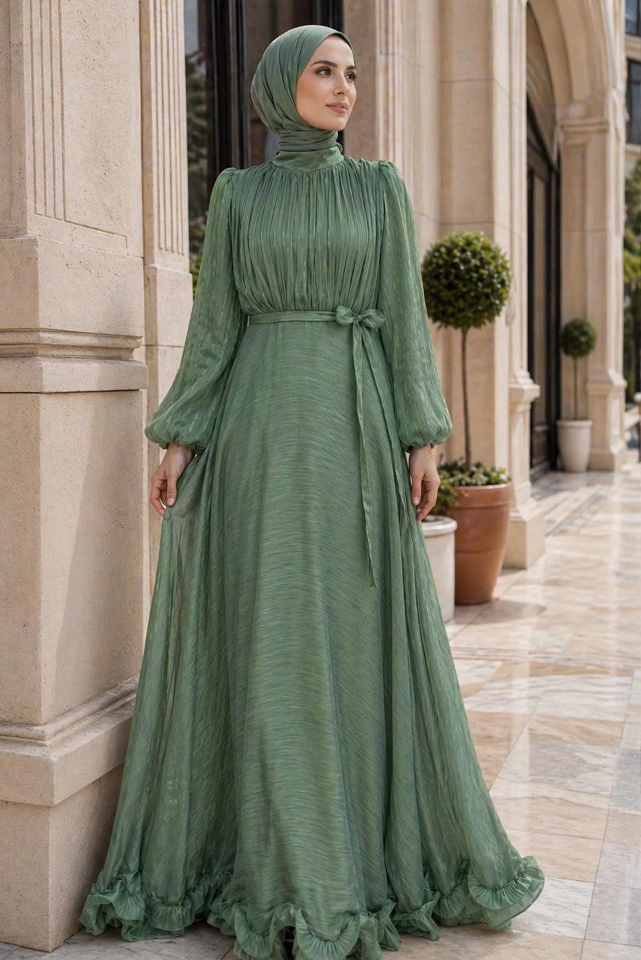 Tesettür giyim YEŞİL KUŞAKLI SATEN ABİYE ELBİSE T 8726