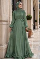 Tesettür giyim YEŞİL KUŞAKLI SATEN ABİYE ELBİSE T 8726