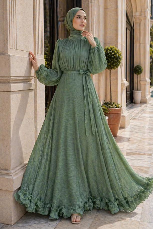 Tesettür giyim YEŞİL KUŞAKLI SATEN ABİYE ELBİSE T 8726 - TRENDTESETTÜR