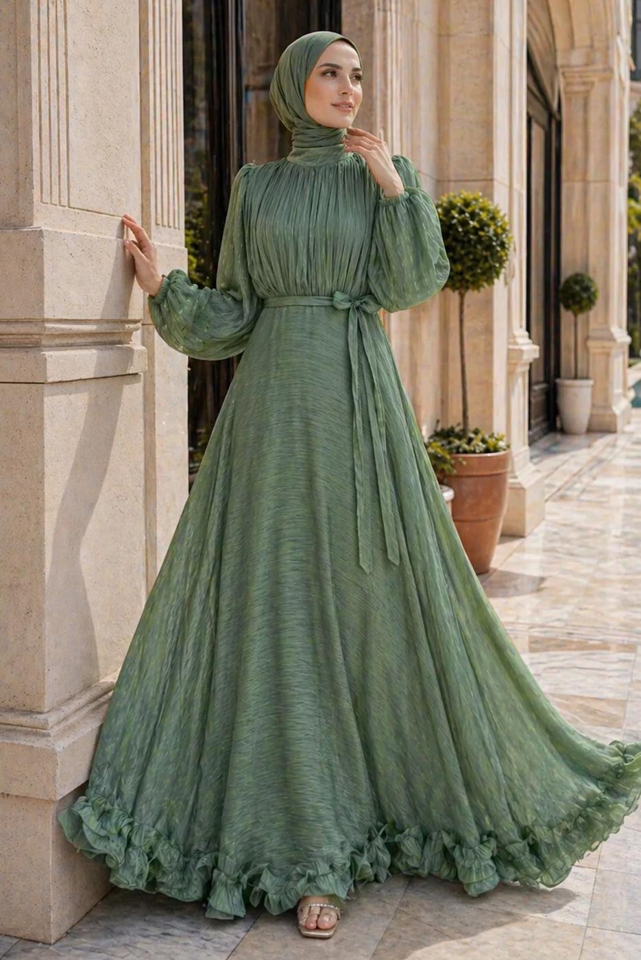 Tesettür giyim YEŞİL KUŞAKLI SATEN ABİYE ELBİSE T 8726
