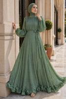 Tesettür giyim YEŞİL KUŞAKLI SATEN ABİYE ELBİSE T 8726
