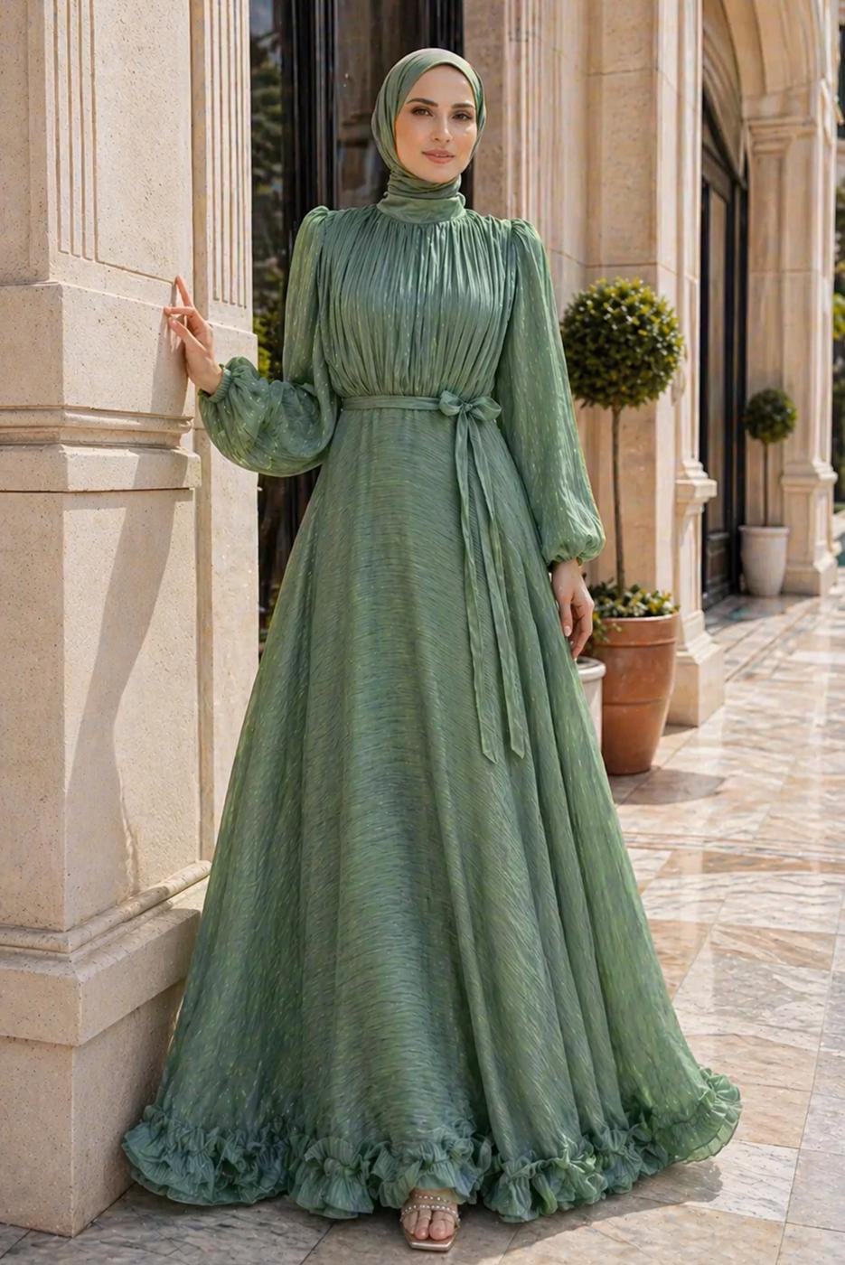 Tesettür giyim YEŞİL KUŞAKLI SATEN ABİYE ELBİSE T 8726