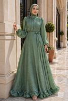 Tesettür giyim YEŞİL KUŞAKLI SATEN ABİYE ELBİSE T 8726