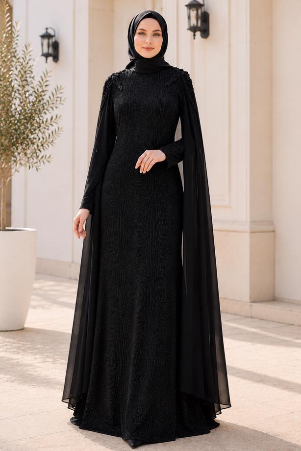 Vêtements hijab NOIR ROBE DE SOIRÉE DÉTAIL CAPE T 8768 - TRENDTESETTÜR