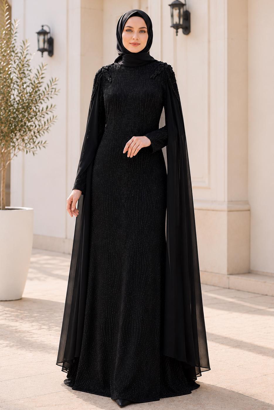 Vêtements hijab NOIR ROBE DE SOIRÉE DÉTAIL CAPE T 8768