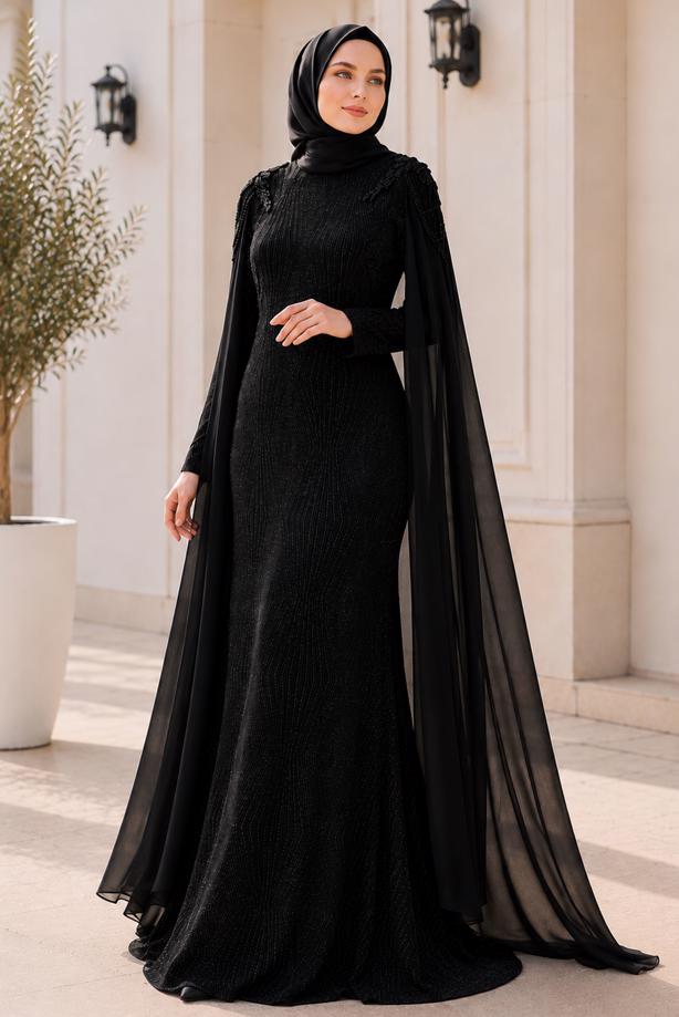 Vêtements hijab NOIR ROBE DE SOIRÉE DÉTAIL CAPE T 8768 - TRENDTESETTÜR