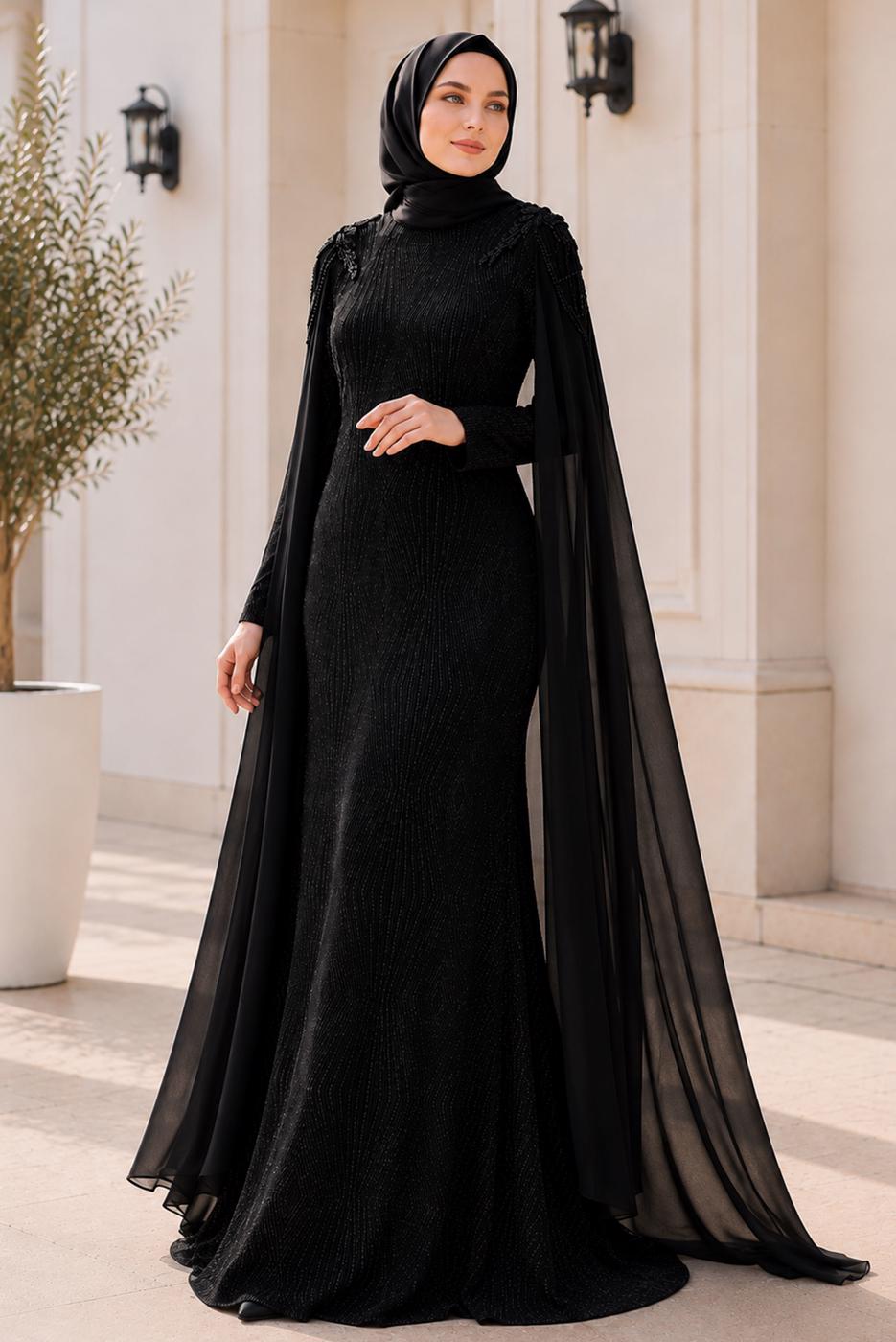 Vêtements hijab NOIR ROBE DE SOIRÉE DÉTAIL CAPE T 8768
