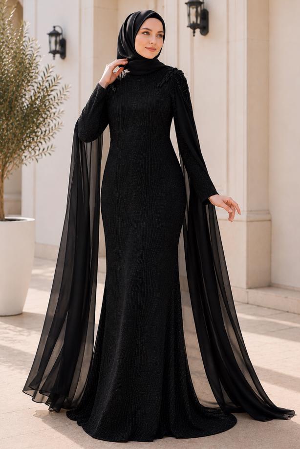 Vêtements hijab NOIR ROBE DE SOIRÉE DÉTAIL CAPE T 8768 - TRENDTESETTÜR