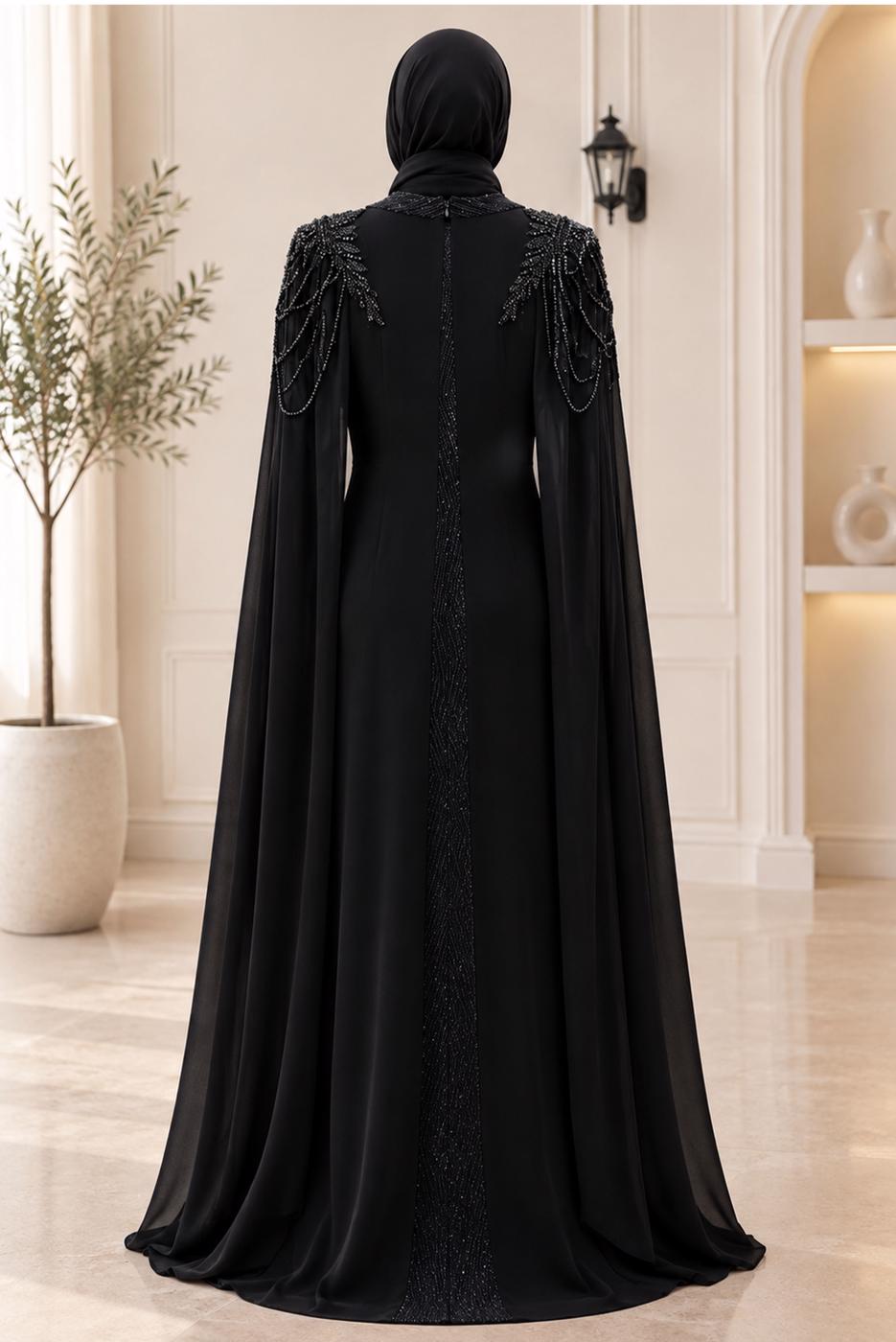 Vêtements hijab NOIR ROBE DE SOIRÉE DÉTAIL CAPE T 8768