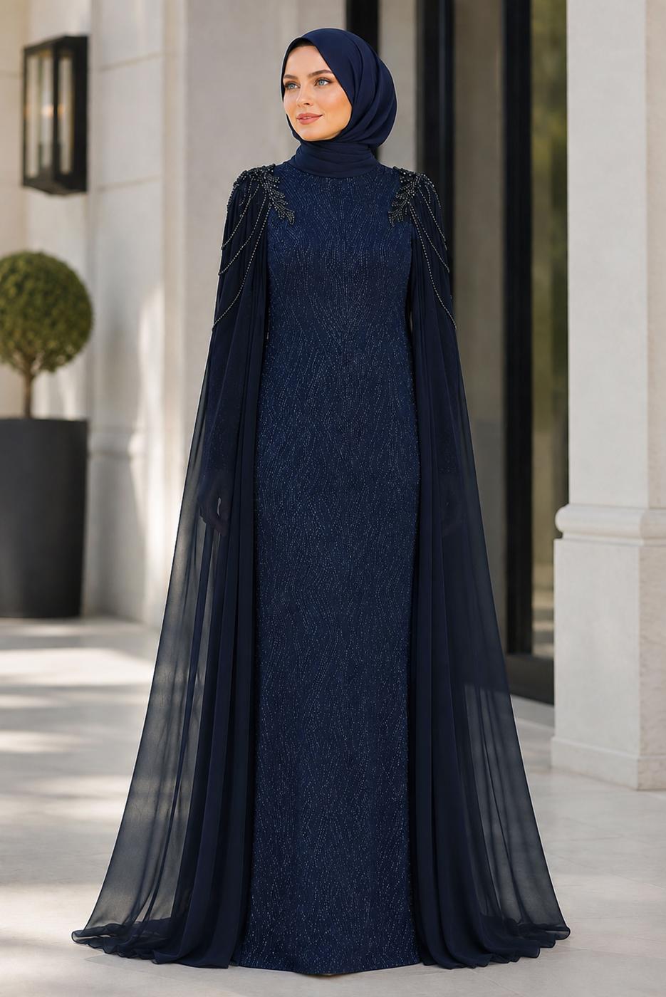 Vêtements hijab BLEU MARINE ROBE DE SOIRÉE DÉTAIL CAPE T 8768