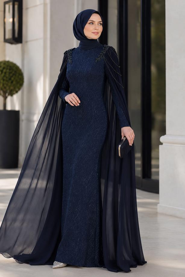Vêtements hijab BLEU MARINE ROBE DE SOIRÉE DÉTAIL CAPE T 8768 - TRENDTESETTÜR