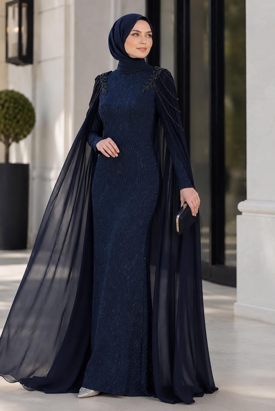 Vêtements hijab BLEU MARINE ROBE DE SOIRÉE DÉTAIL CAPE T 8768
