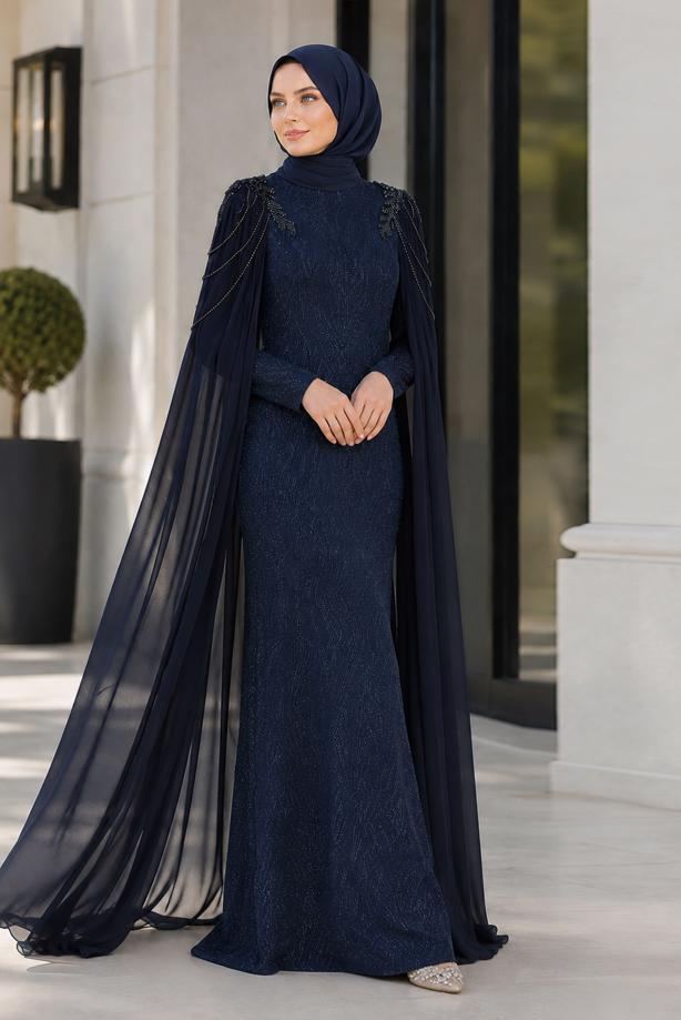 Vêtements hijab BLEU MARINE ROBE DE SOIRÉE DÉTAIL CAPE T 8768 - TRENDTESETTÜR