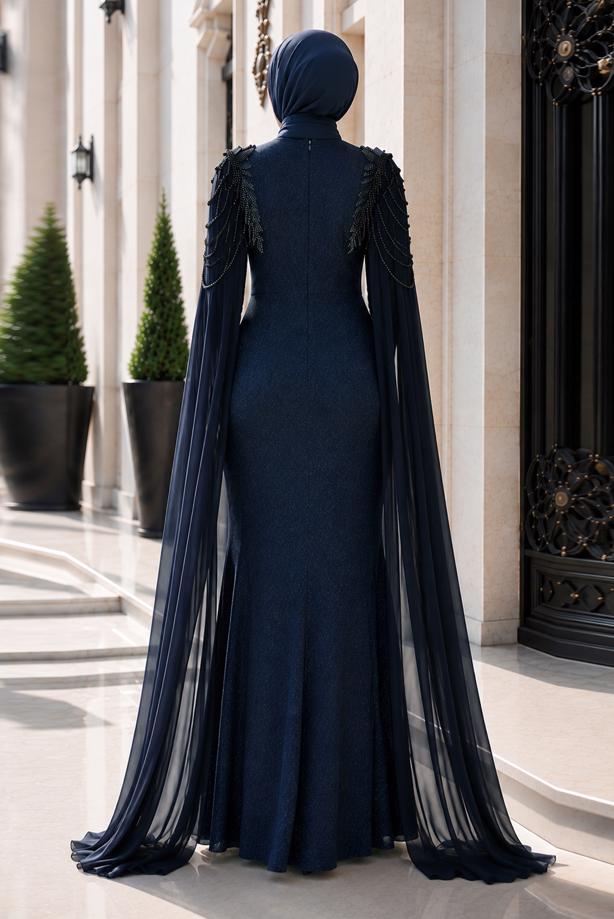 Vêtements hijab BLEU MARINE ROBE DE SOIRÉE DÉTAIL CAPE T 8768 - TRENDTESETTÜR
