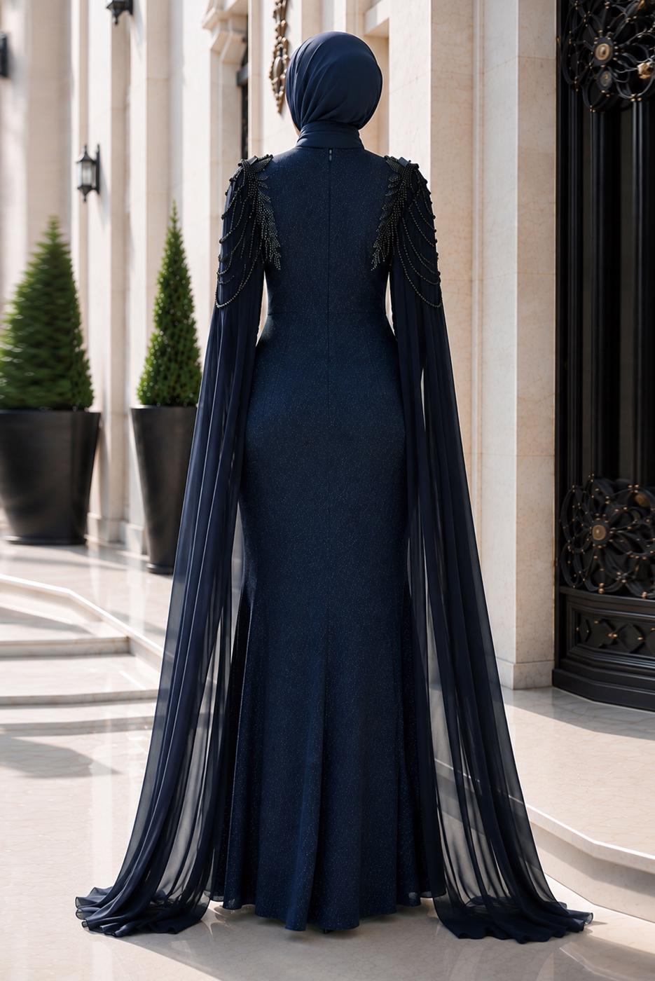 Vêtements hijab BLEU MARINE ROBE DE SOIRÉE DÉTAIL CAPE T 8768