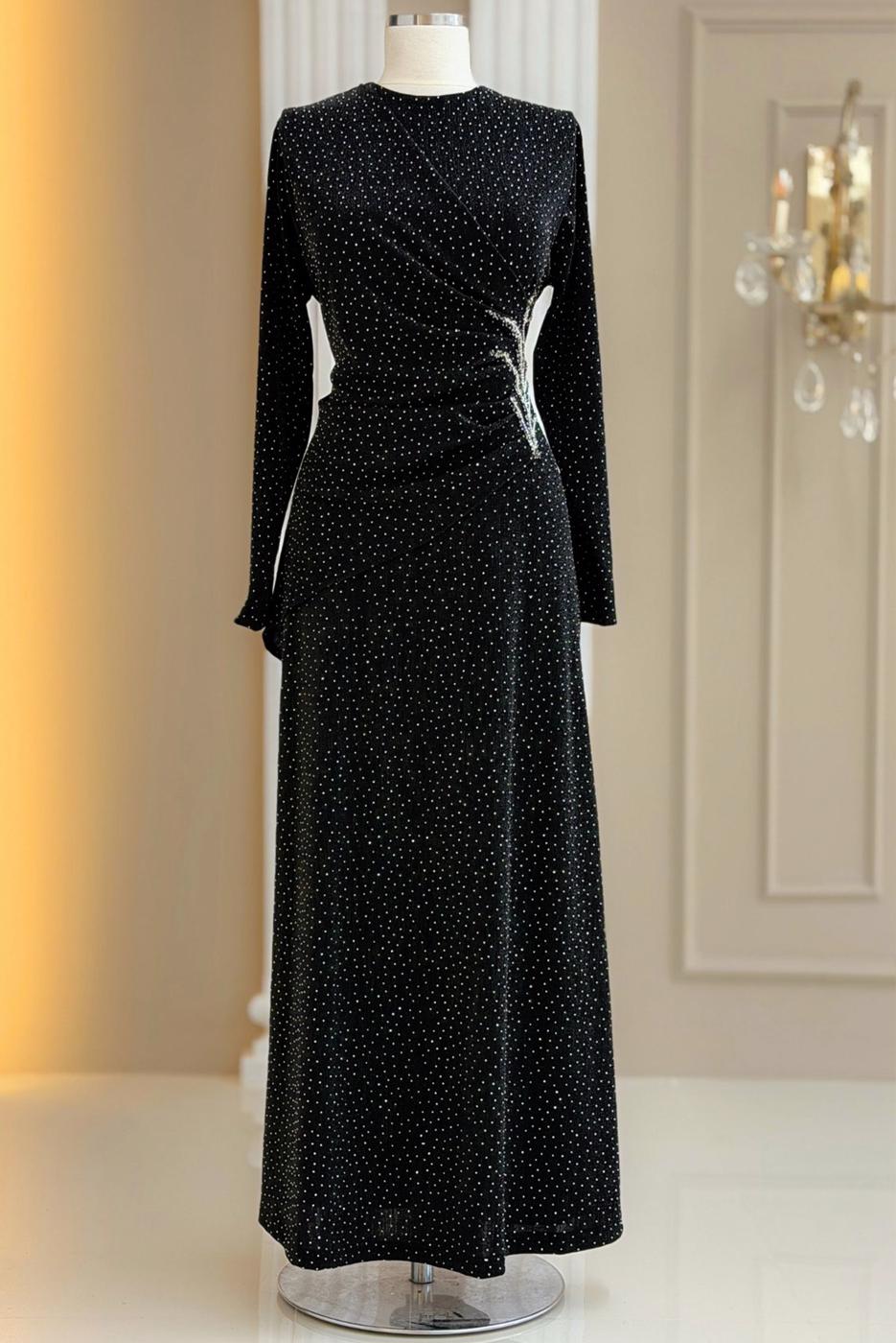 Tesettür giyim SİYAH TAŞ DETAYLI ABİYE ELBİSE T 8931