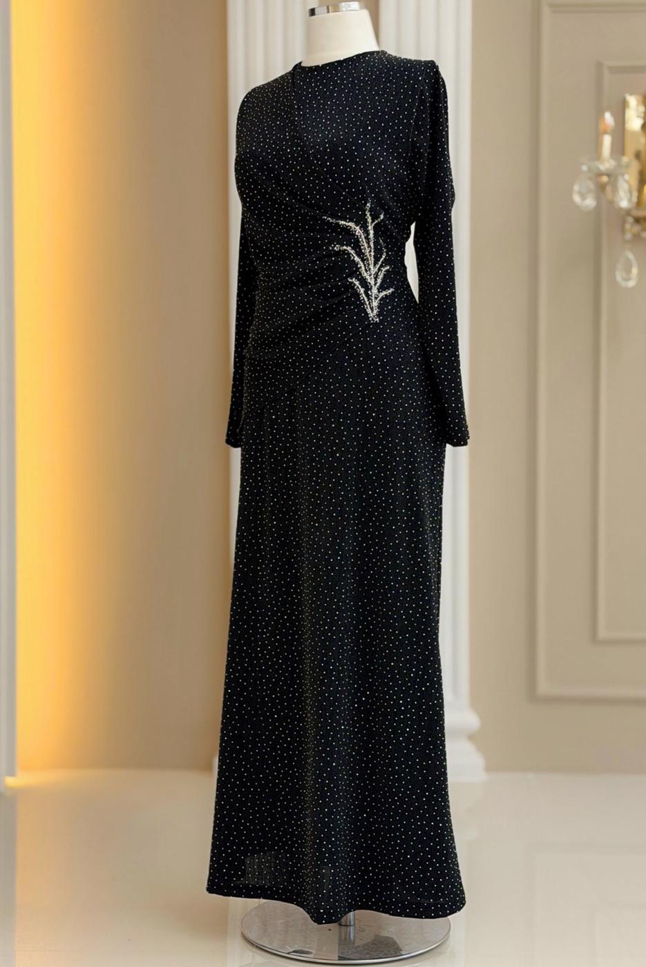 Tesettür giyim SİYAH TAŞ DETAYLI ABİYE ELBİSE T 8931