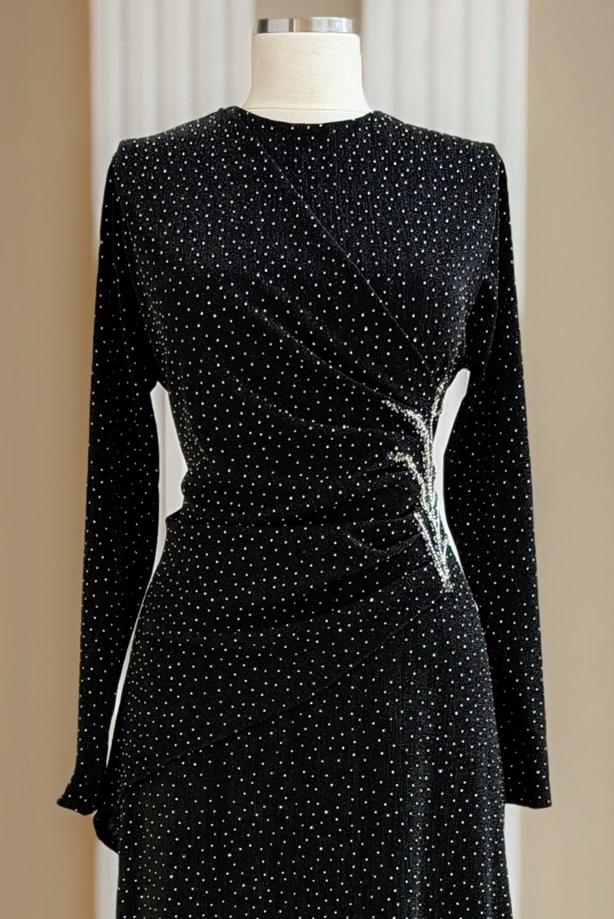 Tesettür giyim SİYAH TAŞ DETAYLI ABİYE ELBİSE T 8931 - TRENDTESETTÜR