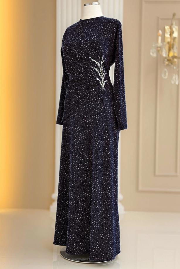 Tesettür giyim LACİVERT TAŞ DETAYLI ABİYE ELBİSE T 8931 - TRENDTESETTÜR