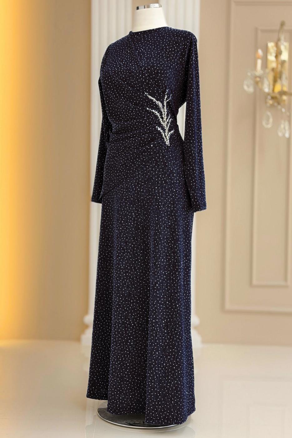 Tesettür giyim LACİVERT TAŞ DETAYLI ABİYE ELBİSE T 8931