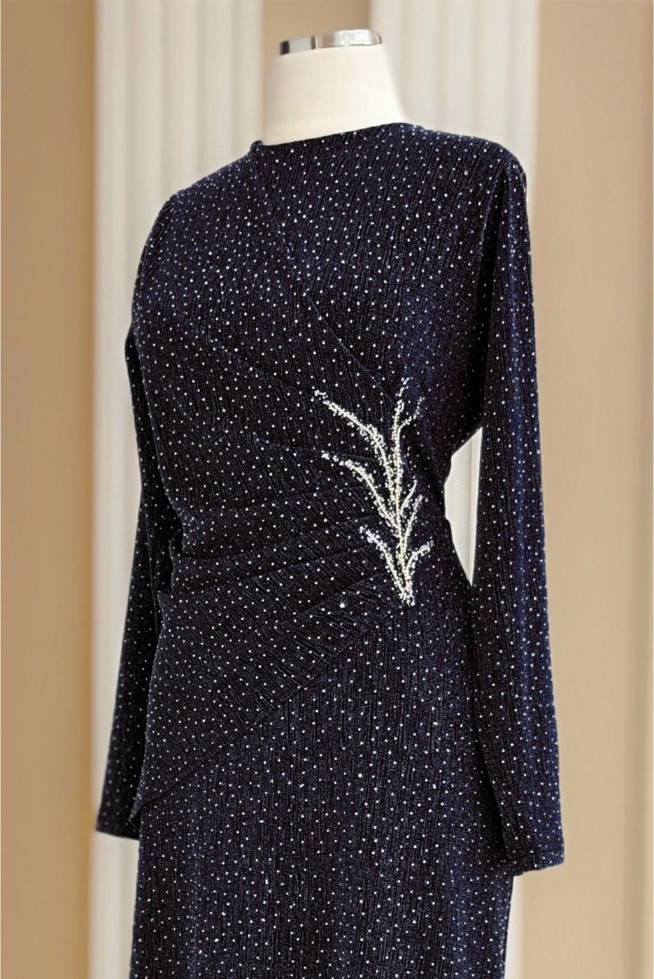 Tesettür giyim LACİVERT TAŞ DETAYLI ABİYE ELBİSE T 8931