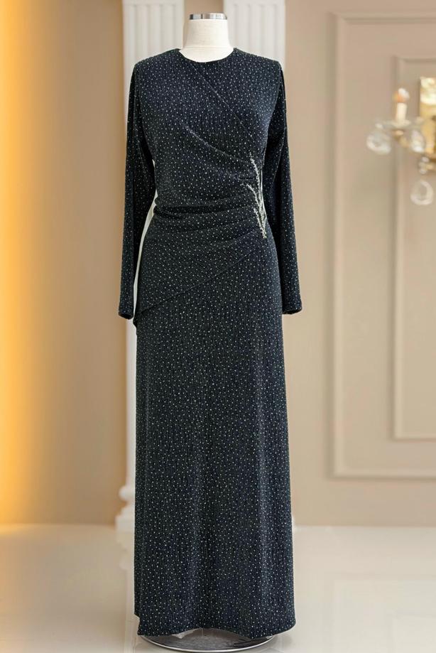 Tesettür giyim GRİ TAŞ DETAYLI ABİYE ELBİSE T 8931 - TRENDTESETTÜR