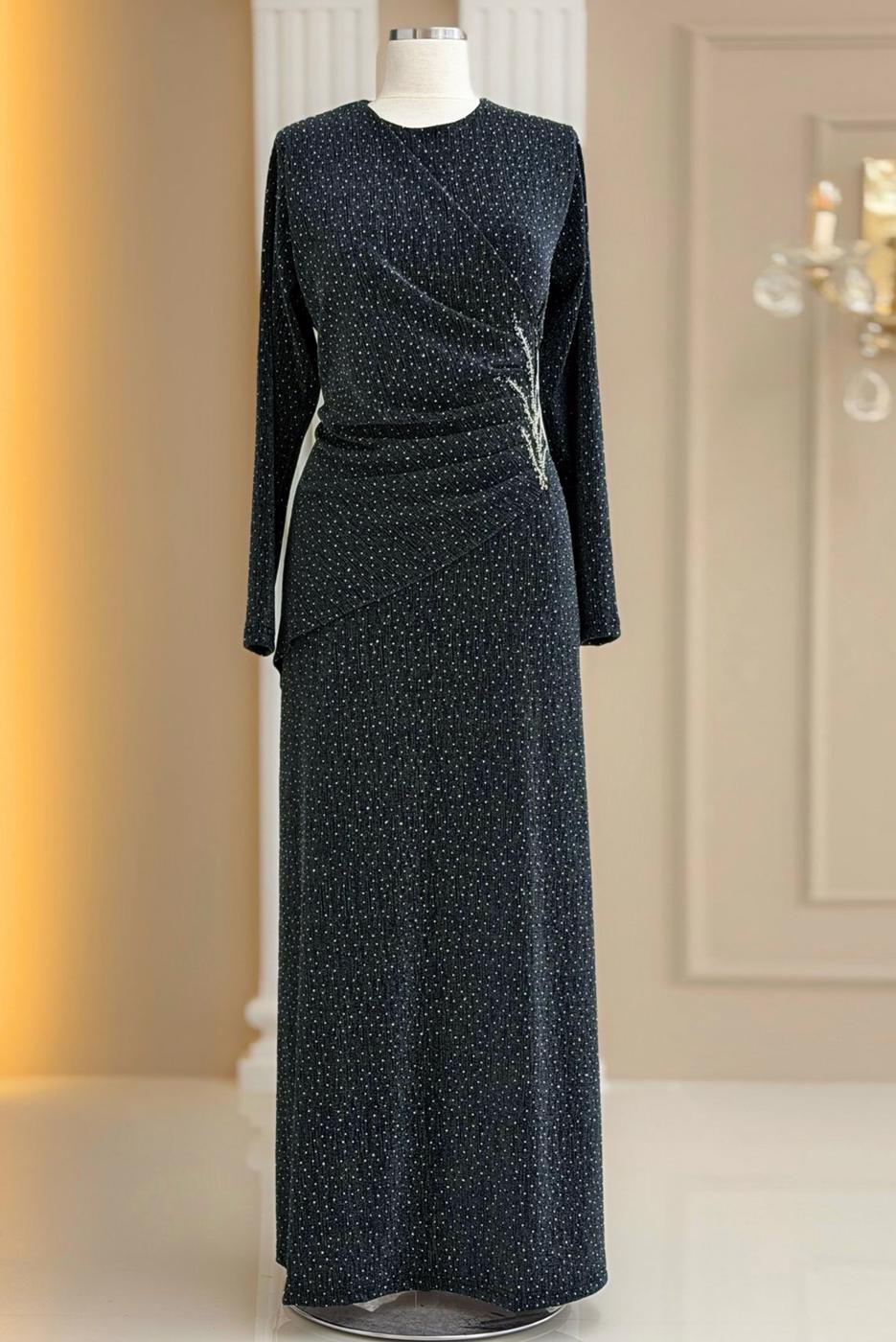 Tesettür giyim GRİ TAŞ DETAYLI ABİYE ELBİSE T 8931