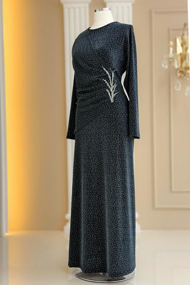 Tesettür giyim GRİ TAŞ DETAYLI ABİYE ELBİSE T 8931 - TRENDTESETTÜR