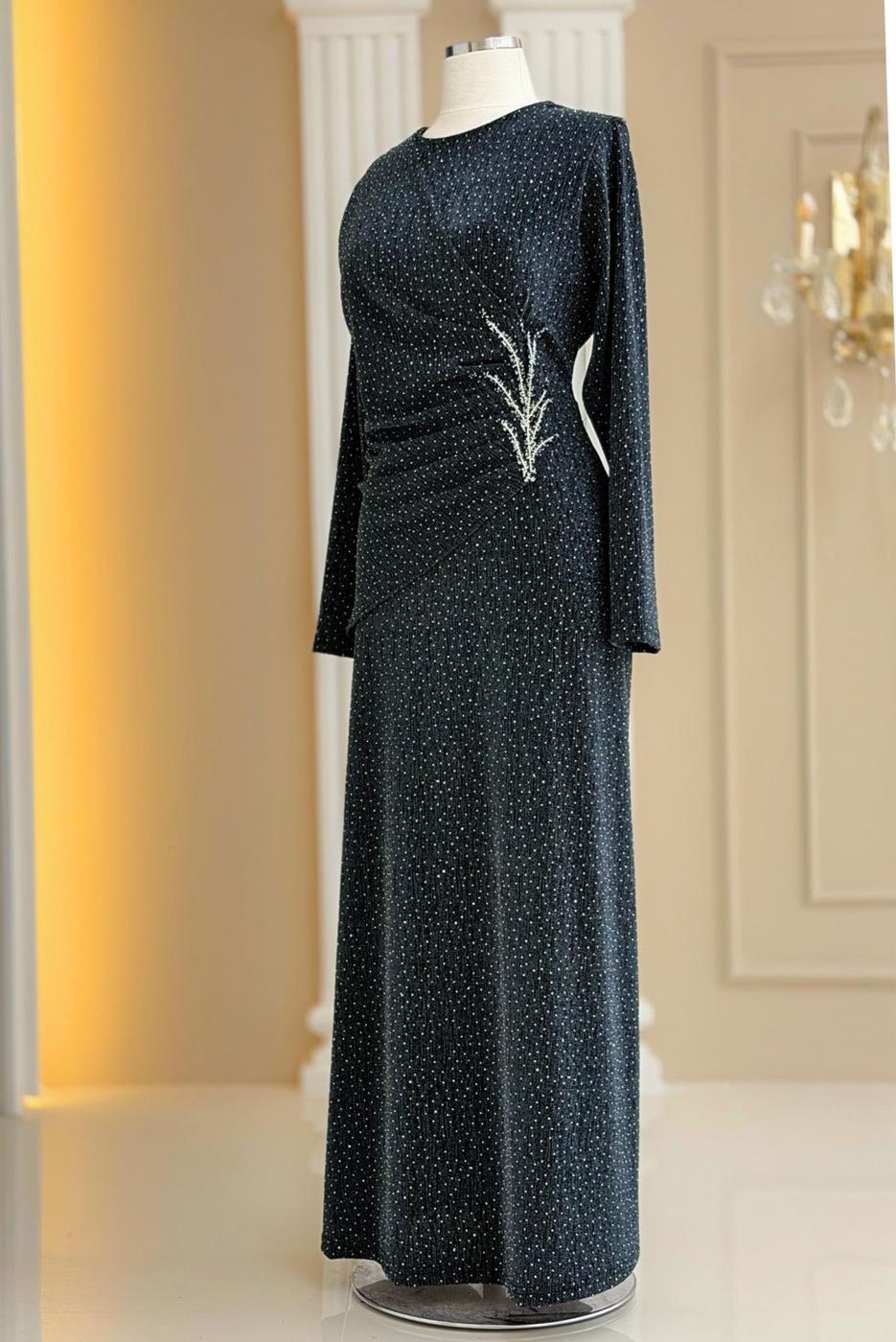 Tesettür giyim GRİ TAŞ DETAYLI ABİYE ELBİSE T 8931