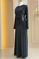 Tesettür giyim GRİ TAŞ DETAYLI ABİYE ELBİSE T 8931