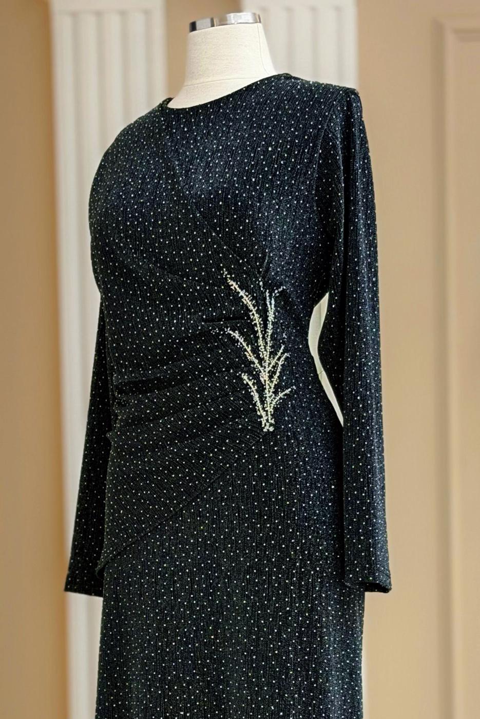 Tesettür giyim GRİ TAŞ DETAYLI ABİYE ELBİSE T 8931