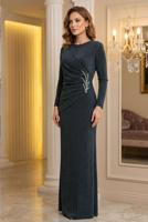 Tesettür giyim GRİ TAŞ DETAYLI ABİYE ELBİSE T 8931