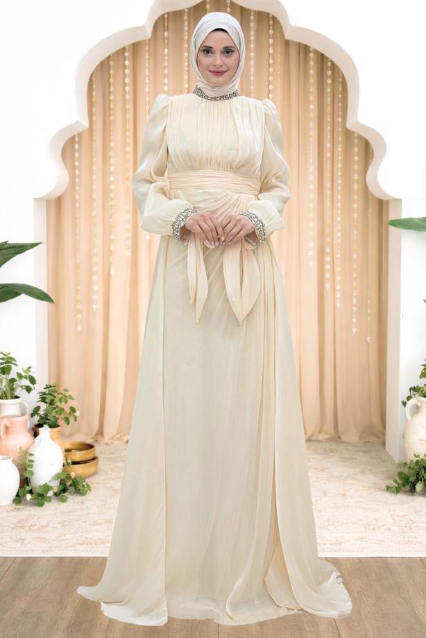 Hijab clothing CREAM CHIFFON EVENING DRESS T 9263 - TRENDTESETTÜR