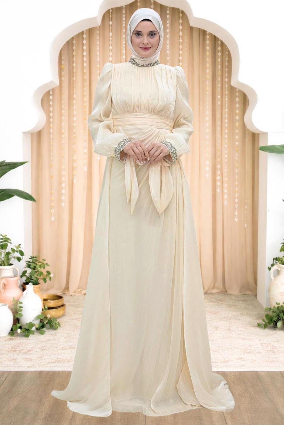 Hijab clothing CREAM CHIFFON EVENING DRESS T 9263