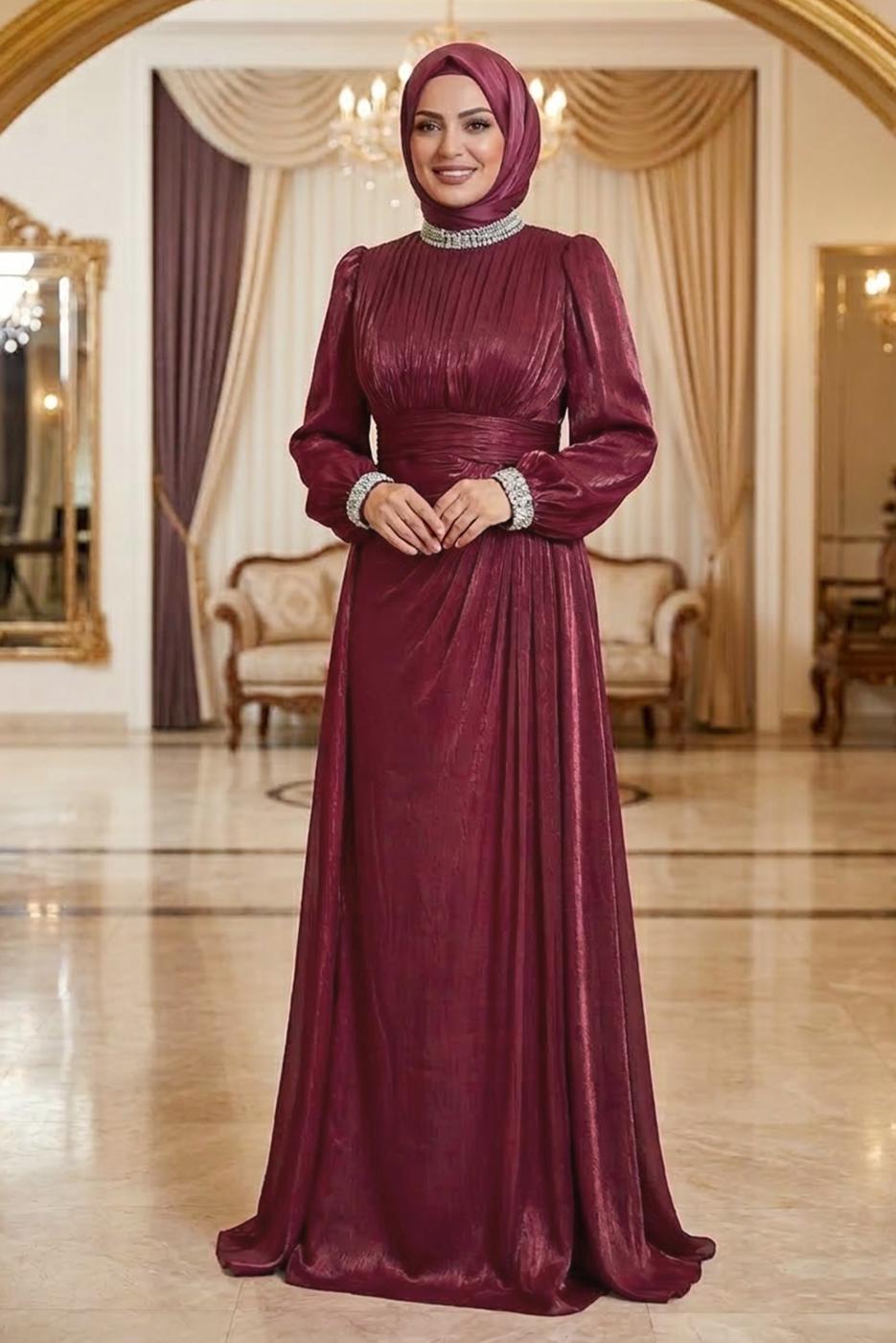 Hijab clothing CLARET RED CHIFFON EVENING DRESS T 9263