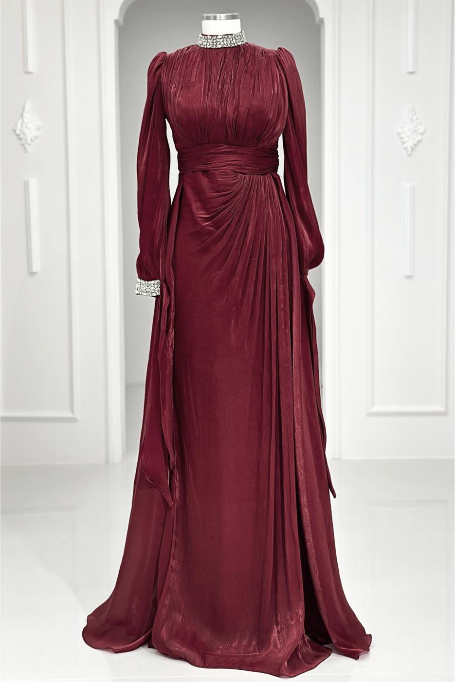 Hijab clothing CLARET RED CHIFFON EVENING DRESS T 9263