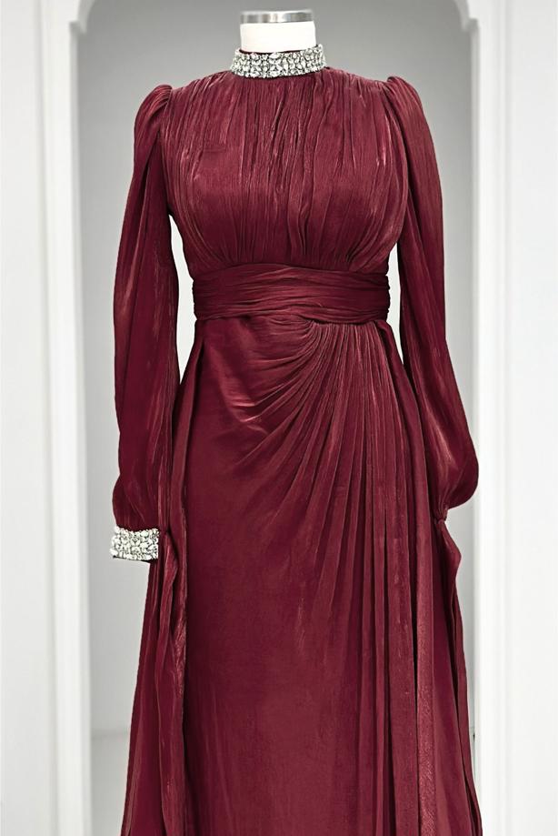 Hijab clothing CLARET RED CHIFFON EVENING DRESS T 9263 - TRENDTESETTÜR