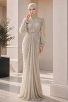 Hijab clothing BEIGE DRAPE DETAILED EVENING DRESS T 9325