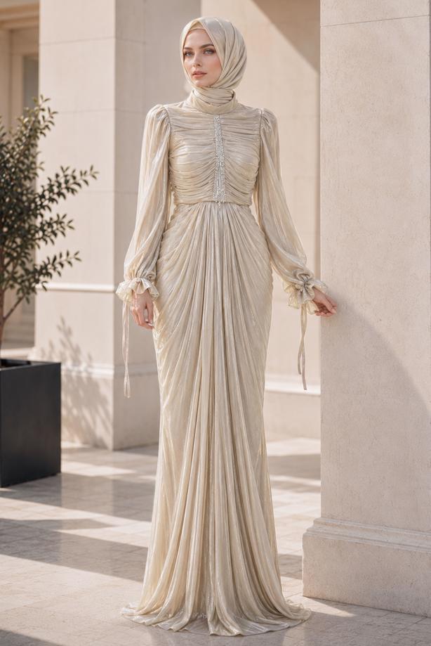 Hijab clothing BEIGE DRAPE DETAILED EVENING DRESS T 9325 - TRENDTESETTÜR