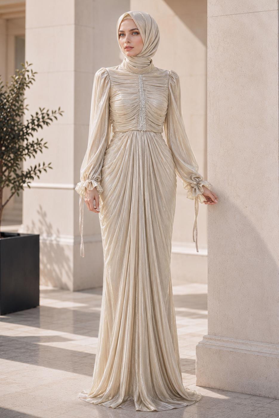 Hijab clothing BEIGE DRAPE DETAILED EVENING DRESS T 9325