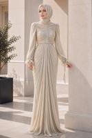 Hijab clothing BEIGE DRAPE DETAILED EVENING DRESS T 9325