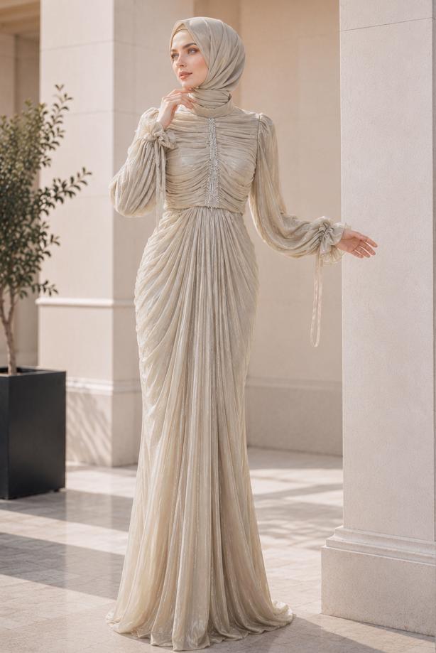 Hijab clothing BEIGE DRAPE DETAILED EVENING DRESS T 9325 - TRENDTESETTÜR