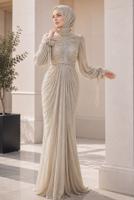 Hijab clothing BEIGE DRAPE DETAILED EVENING DRESS T 9325