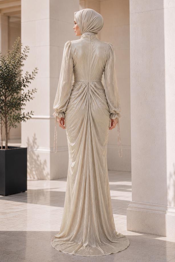 Hijab clothing BEIGE DRAPE DETAILED EVENING DRESS T 9325 - TRENDTESETTÜR