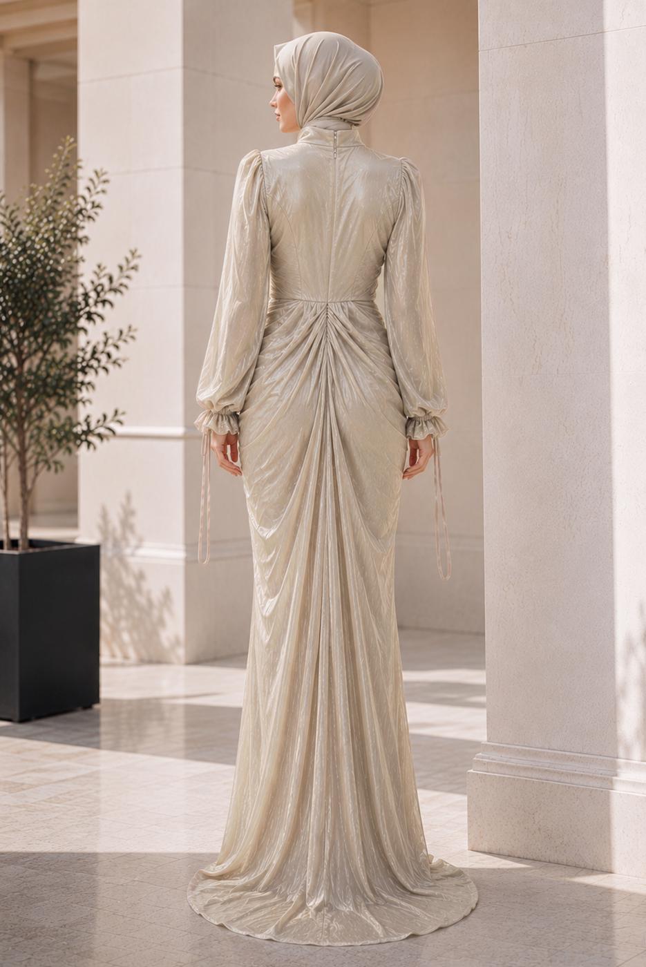 Hijab clothing BEIGE DRAPE DETAILED EVENING DRESS T 9325