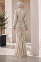 Hijab clothing BEIGE DRAPE DETAILED EVENING DRESS T 9325
