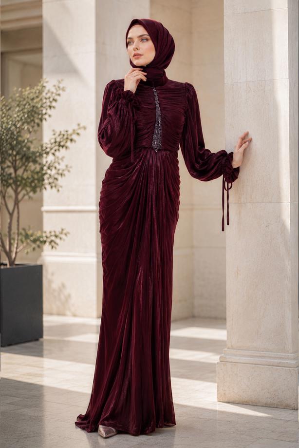 Hijab clothing CLARET RED DRAPE DETAILED EVENING DRESS T 9325 - TRENDTESETTÜR